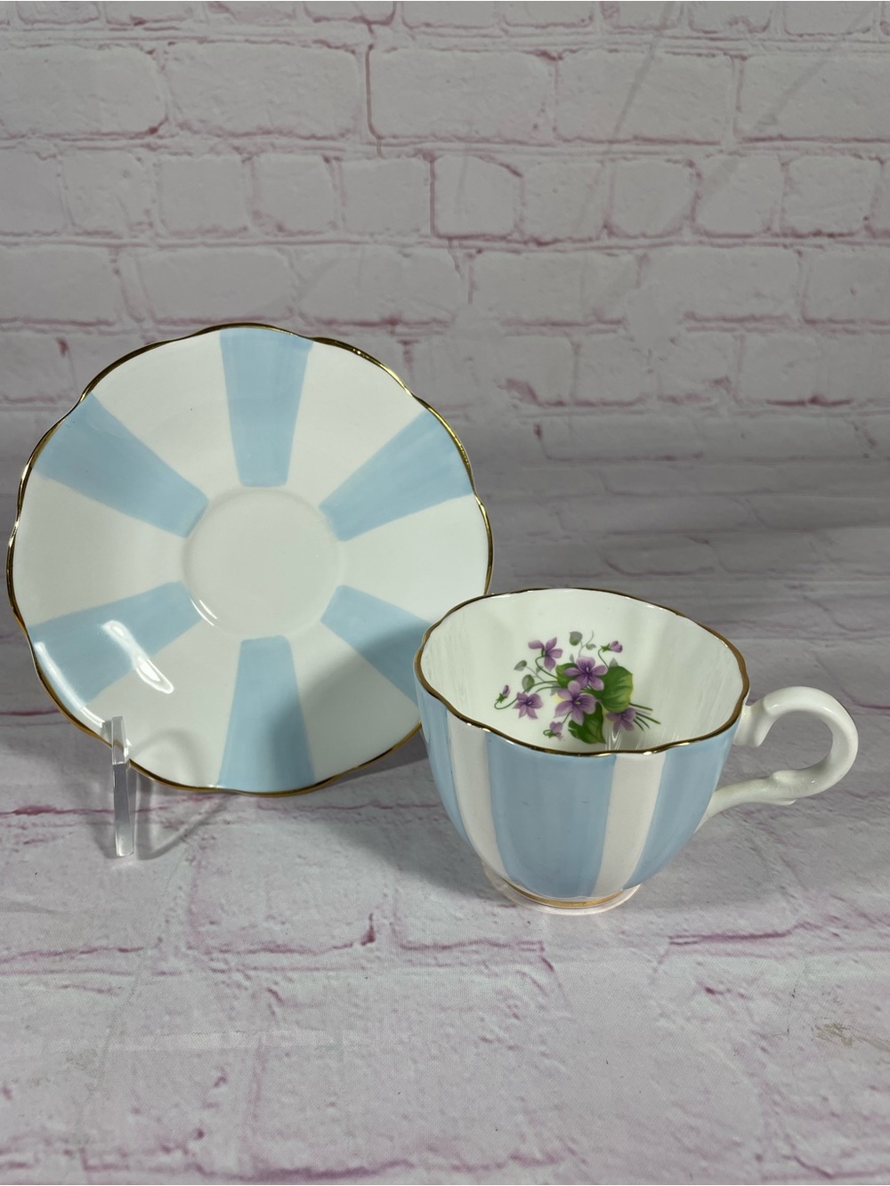 Vintage Blue and White Paneled Floral Bone China Teacup and Saucer Set Gold Trim